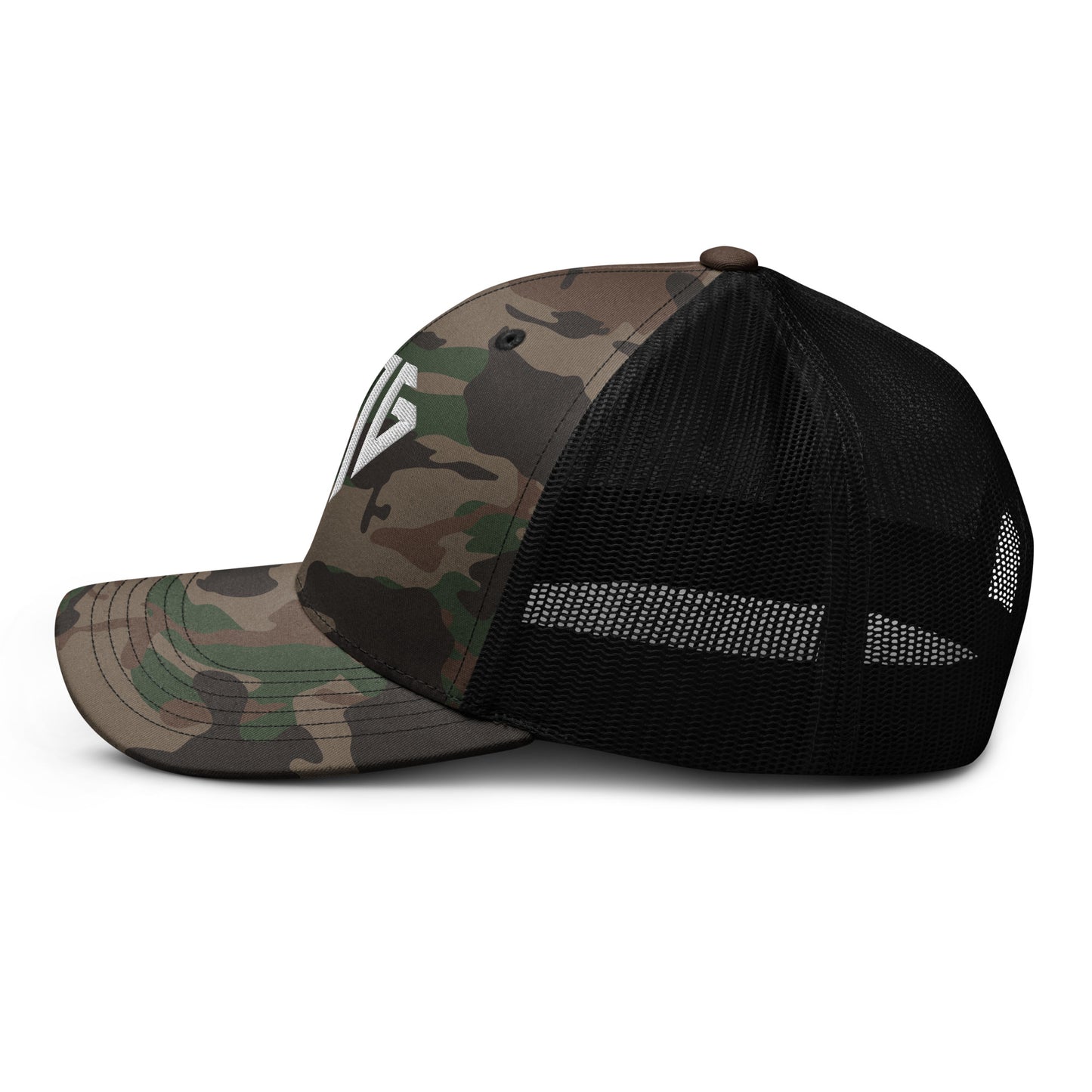 White <EMG> Camouflage Trucker Hat