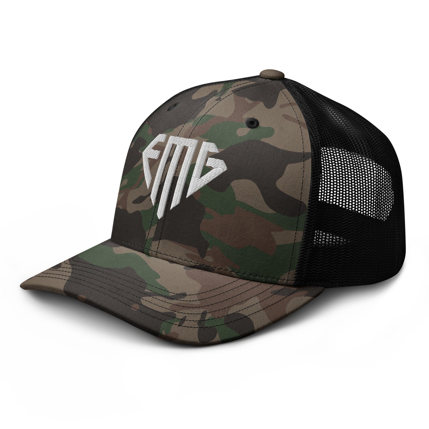 White <EMG> Camouflage Trucker Hat