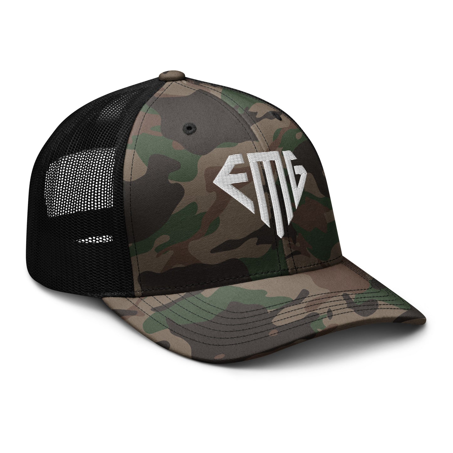 White <EMG> Camouflage Trucker Hat