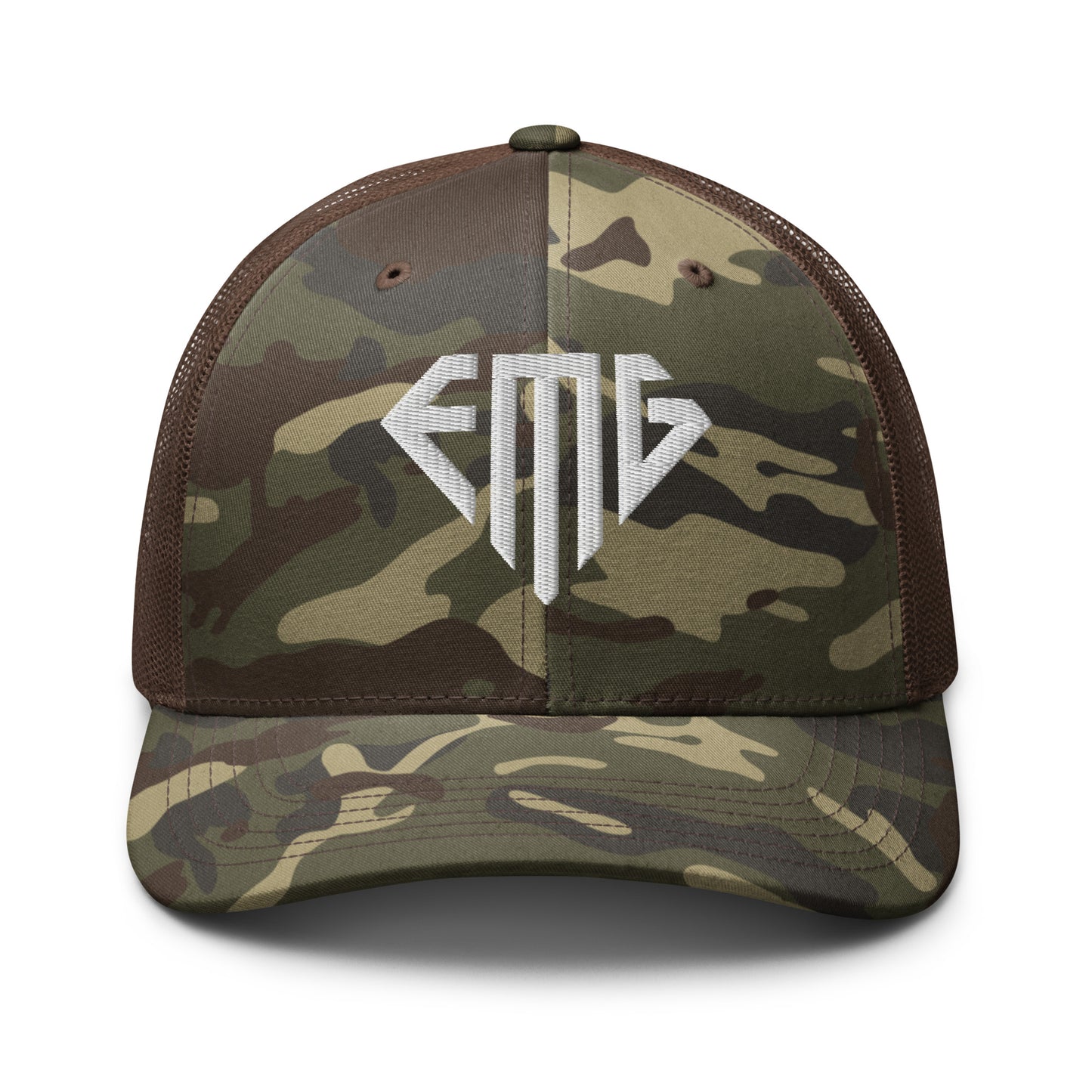 White <EMG> Camouflage Trucker Hat