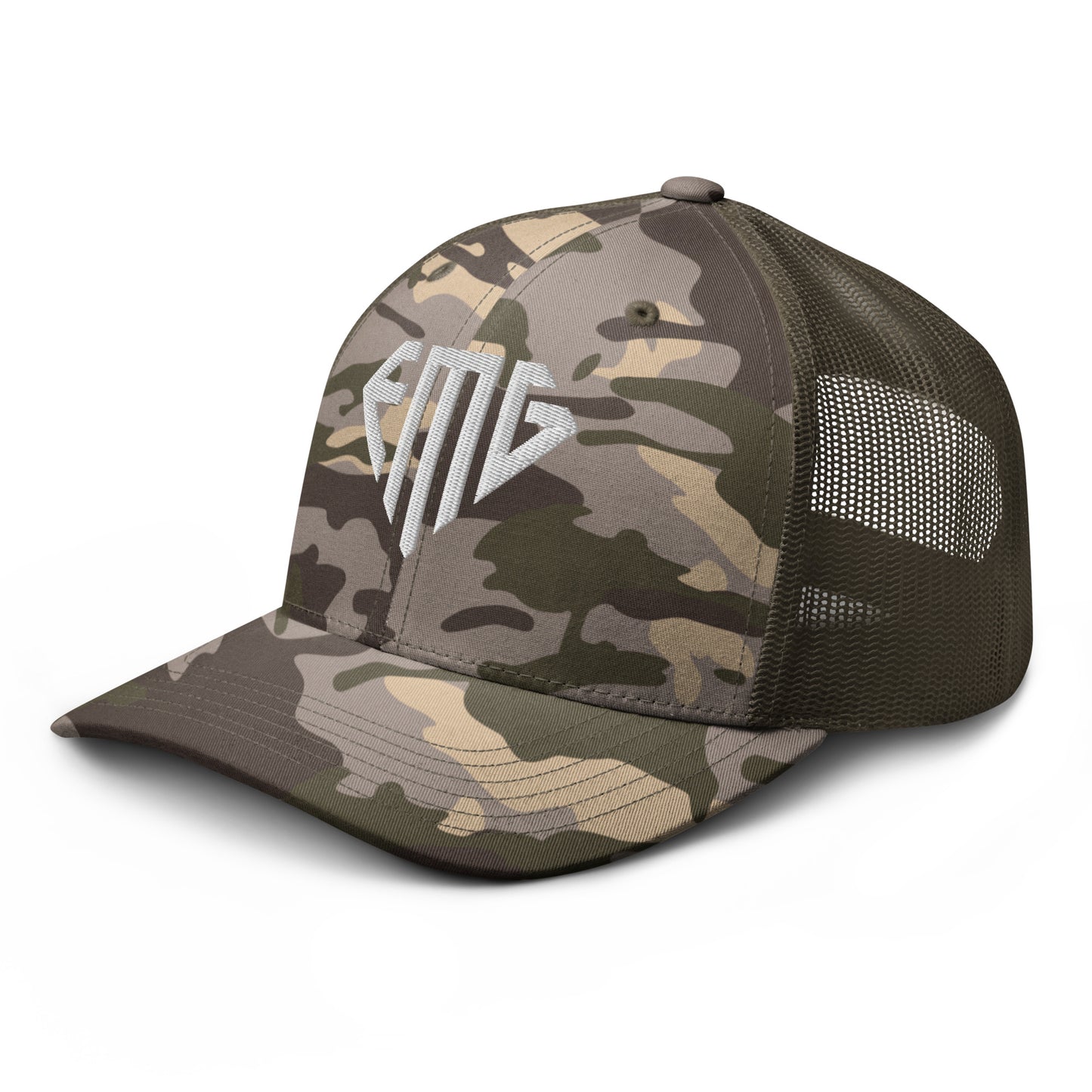 White <EMG> Camouflage Trucker Hat