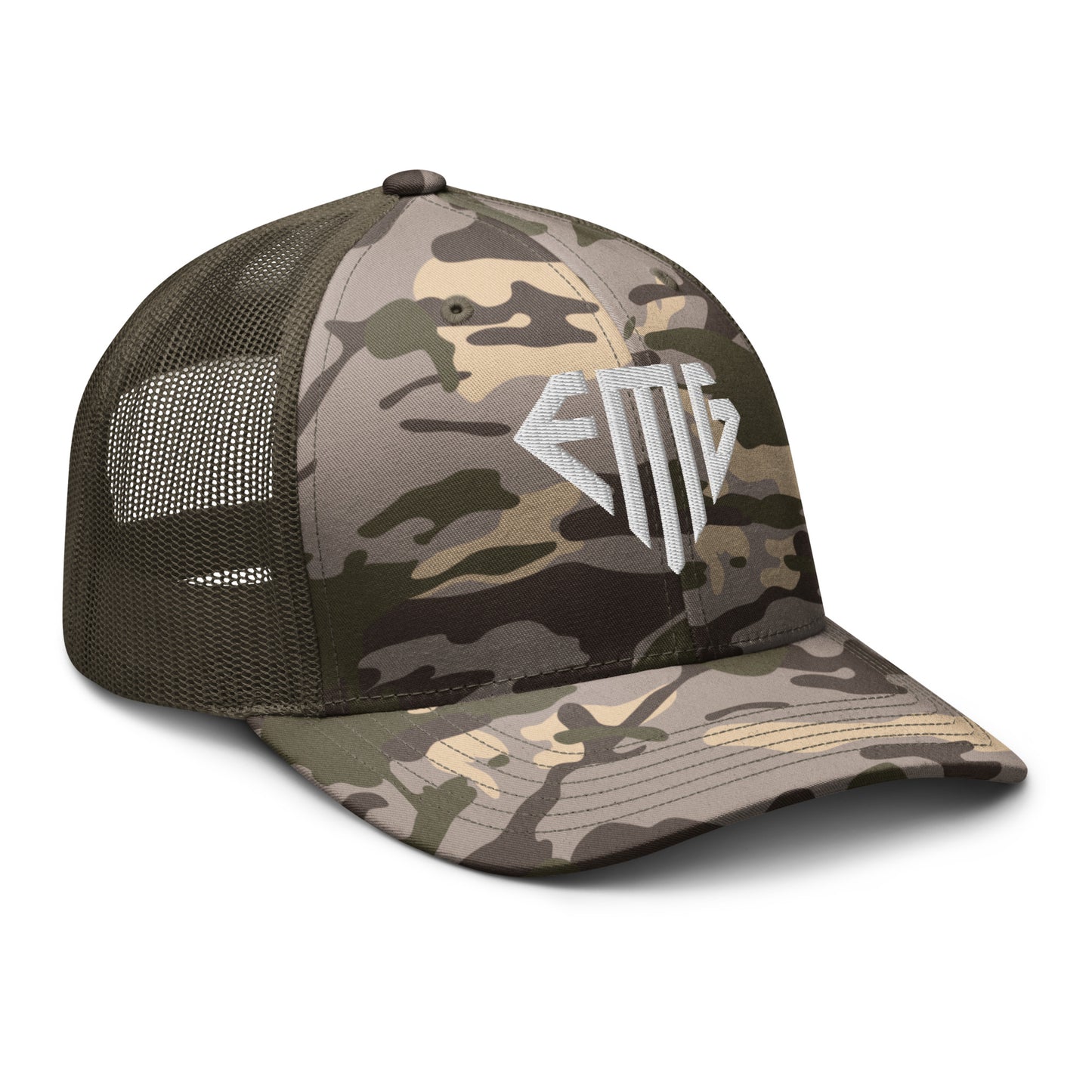 White <EMG> Camouflage Trucker Hat