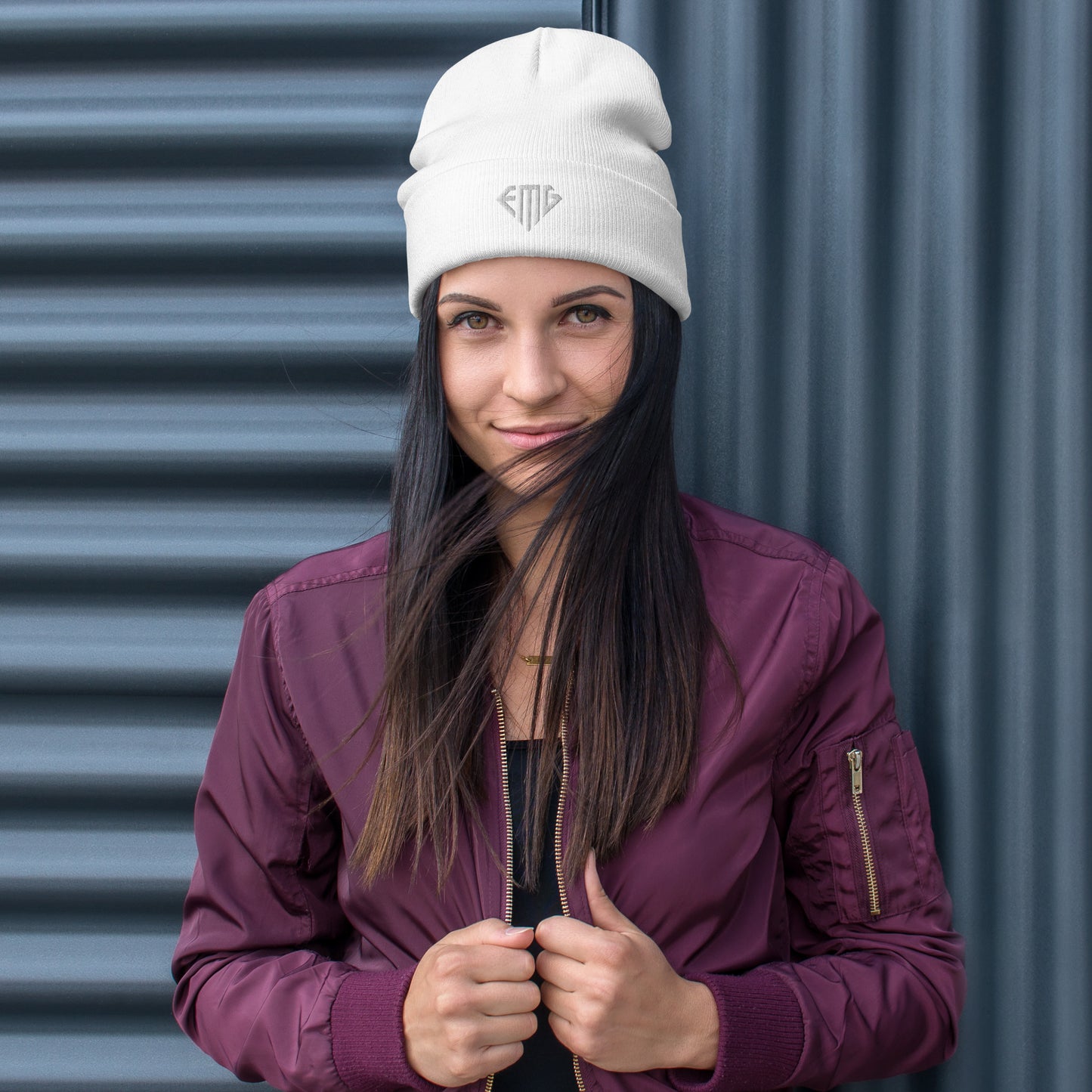 White Embroidered Logo <EMG> Beanie