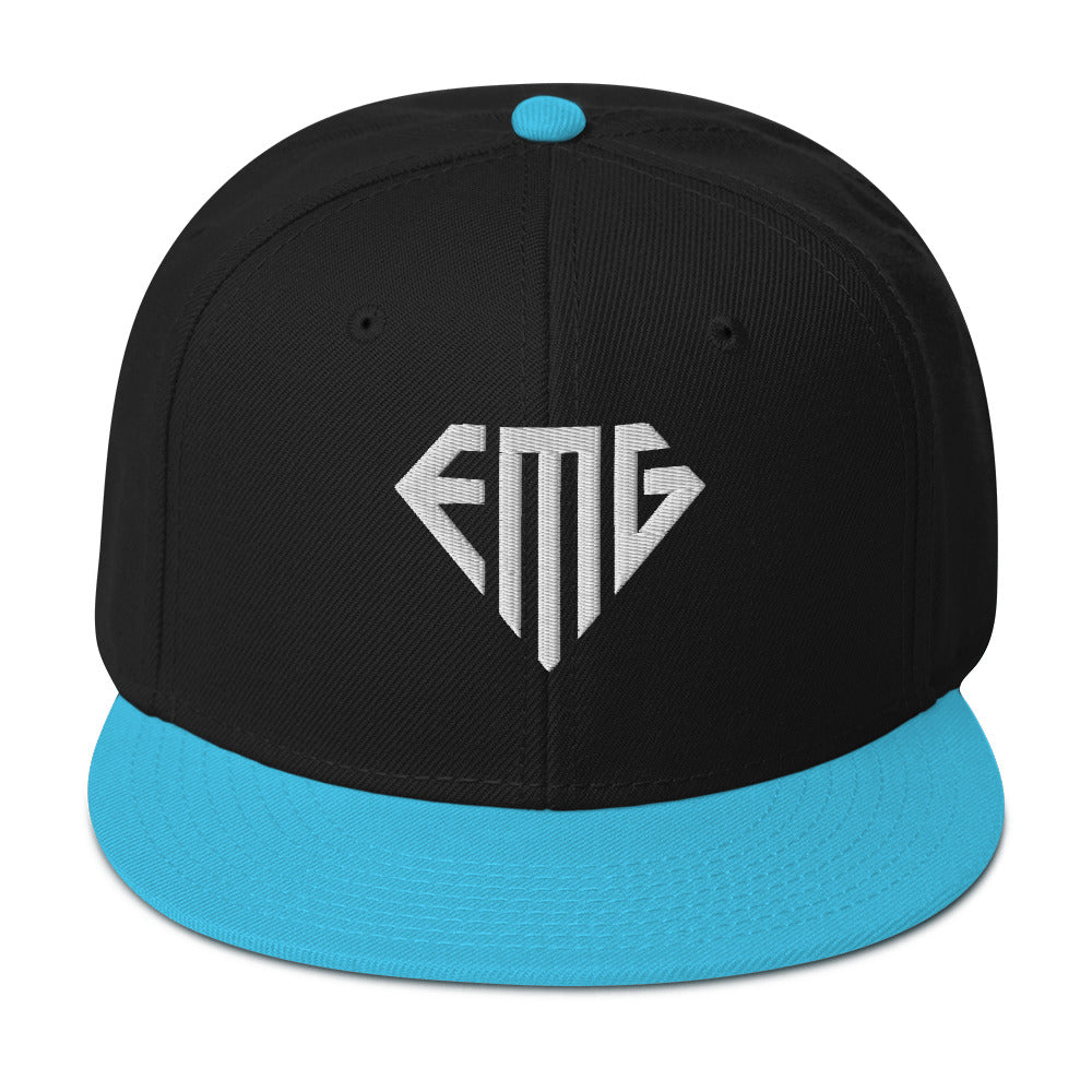 Embroidered White <EMG> Logo Snapback Hat