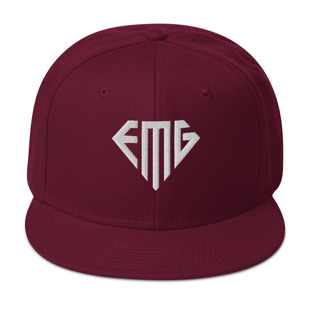 Embroidered White <EMG> Logo Snapback Hat