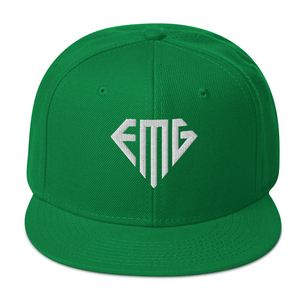 Embroidered White <EMG> Logo Snapback Hat