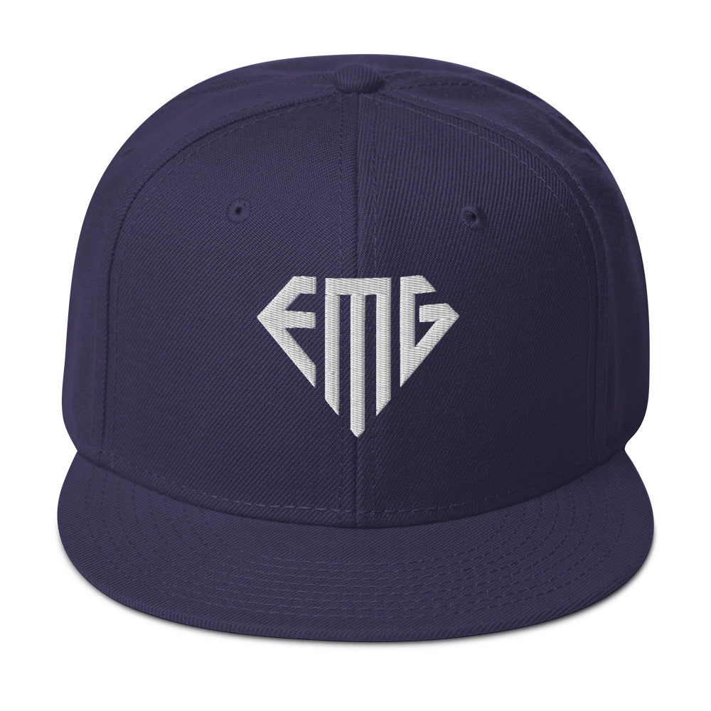 Embroidered White <EMG> Logo Snapback Hat