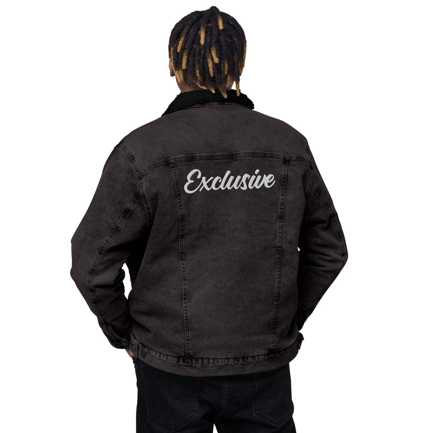 PREMIUM Black & White <EMG> Logo Denim Sherpa Jacket