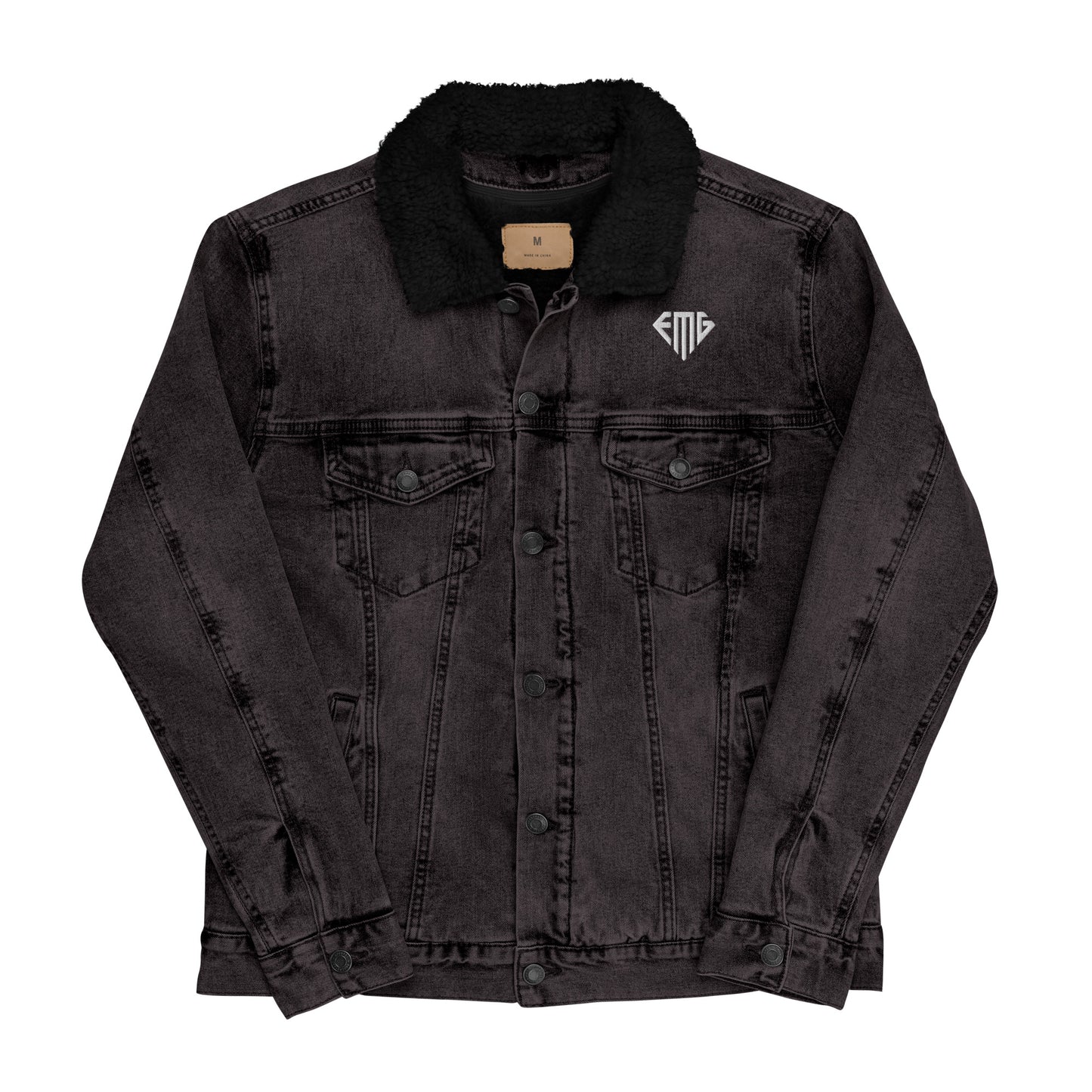 PREMIUM Black & White <EMG> Logo Denim Sherpa Jacket