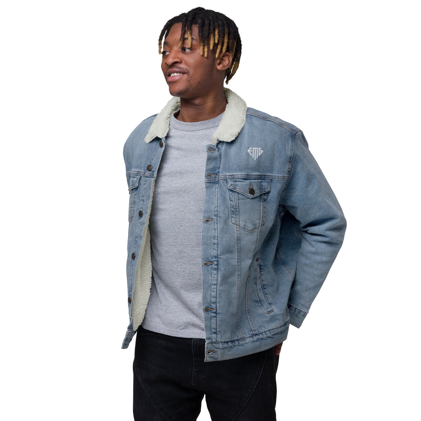 PREMIUM Black & White <EMG> Logo Denim Sherpa Jacket