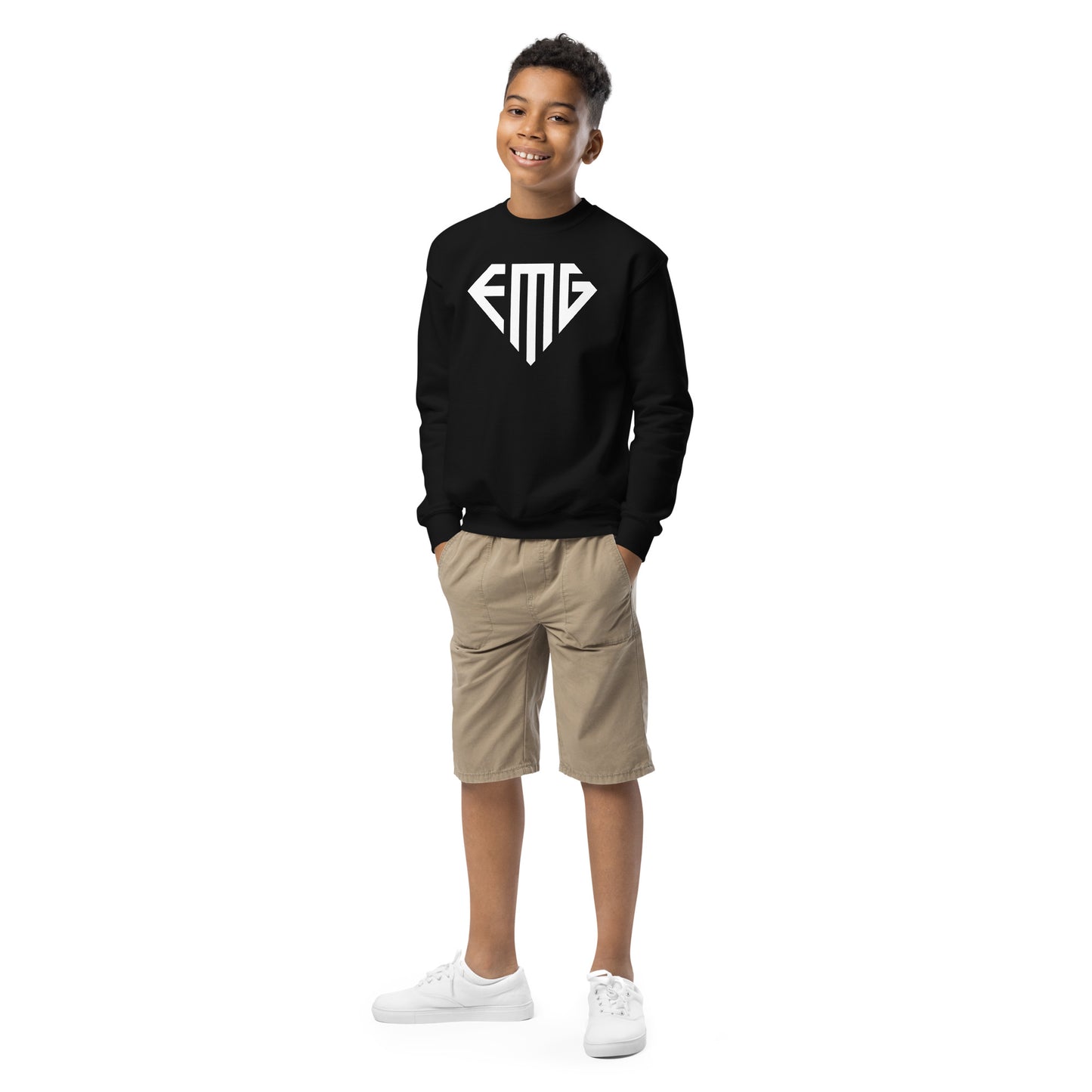 Youth White <EMG> Logo Crewneck Sweatshirt