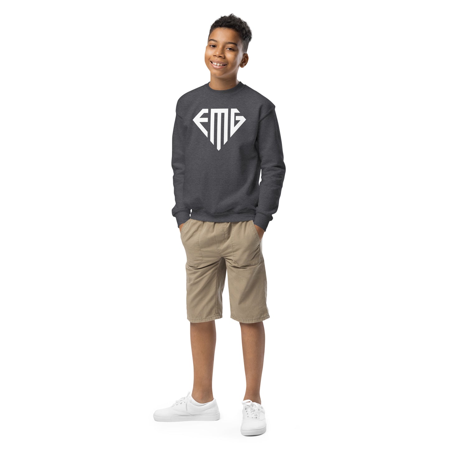 Youth White <EMG> Logo Crewneck Sweatshirt
