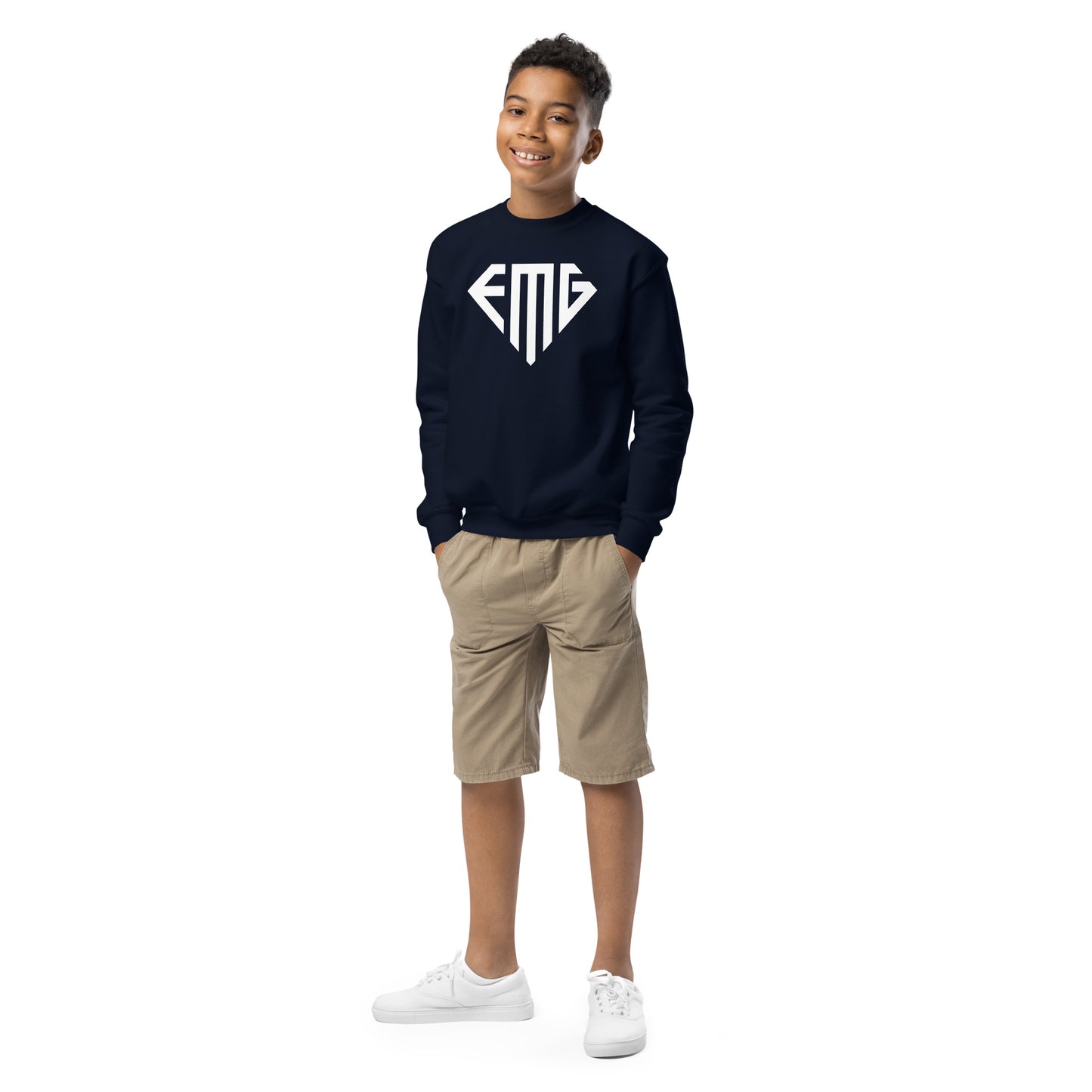 Youth White <EMG> Logo Crewneck Sweatshirt