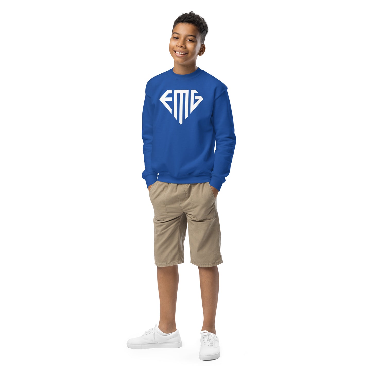 Youth White <EMG> Logo Crewneck Sweatshirt