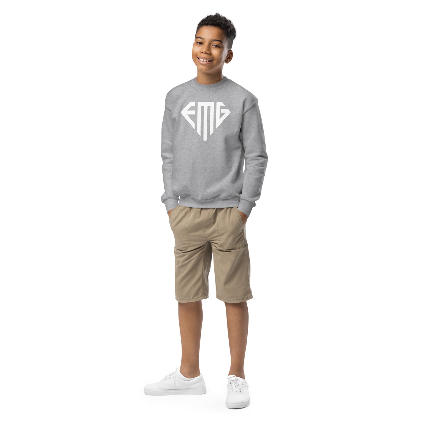 Youth White <EMG> Logo Crewneck Sweatshirt