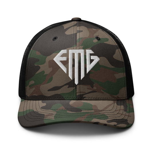 White <EMG> Camouflage Trucker Hat