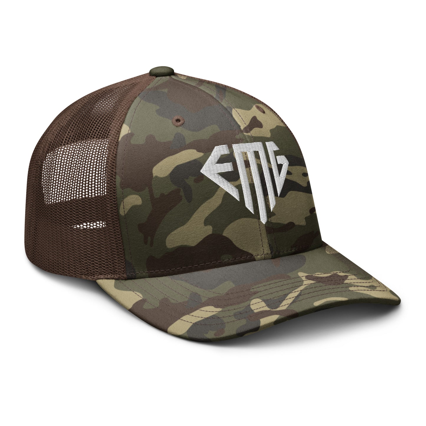 White <EMG> Camouflage Trucker Hat