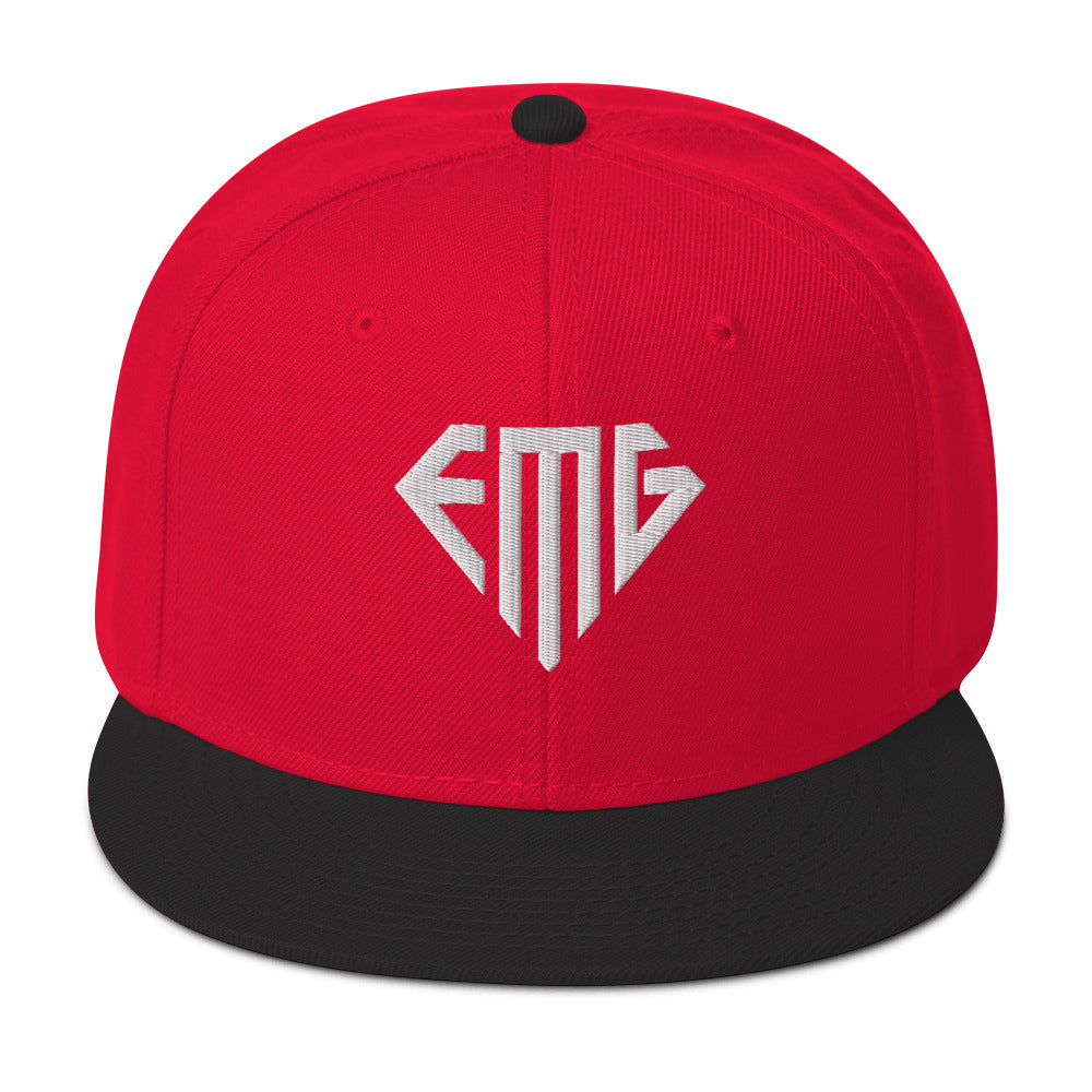 Embroidered White <EMG> Logo Snapback Hat