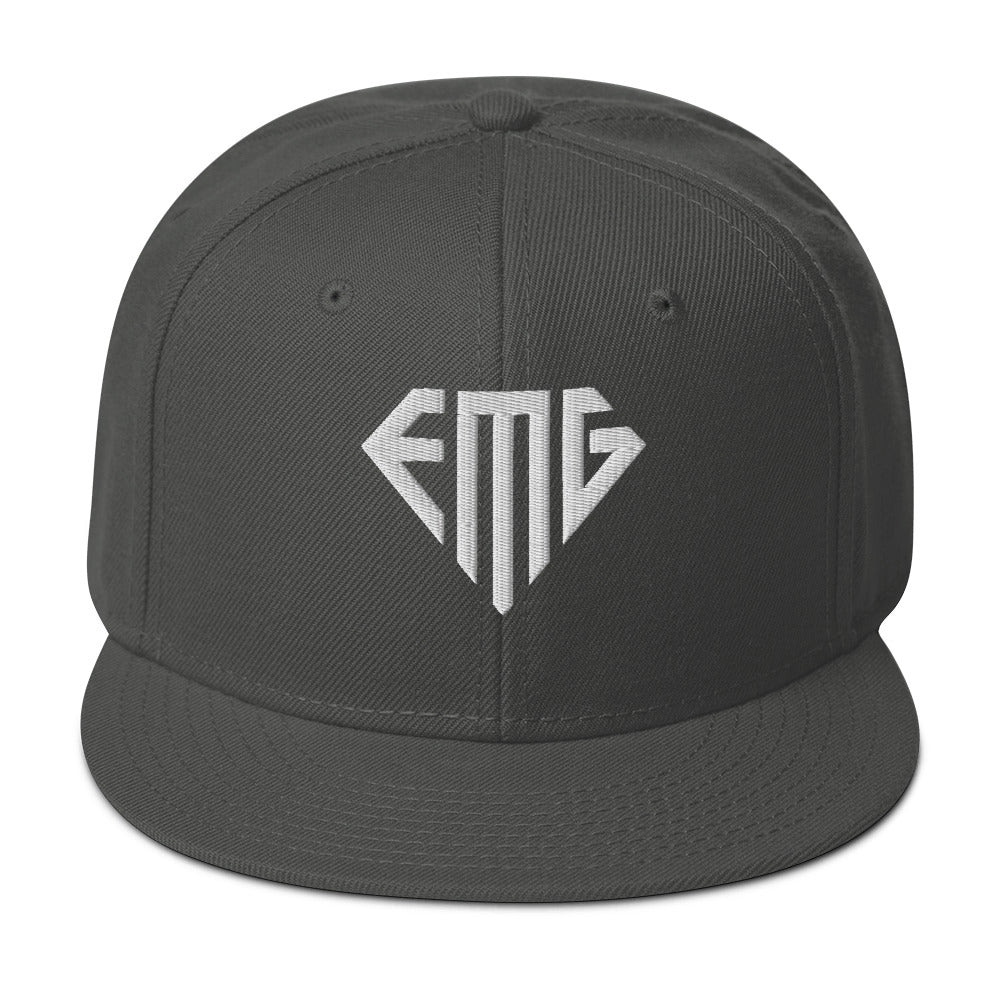 Embroidered White <EMG> Logo Snapback Hat
