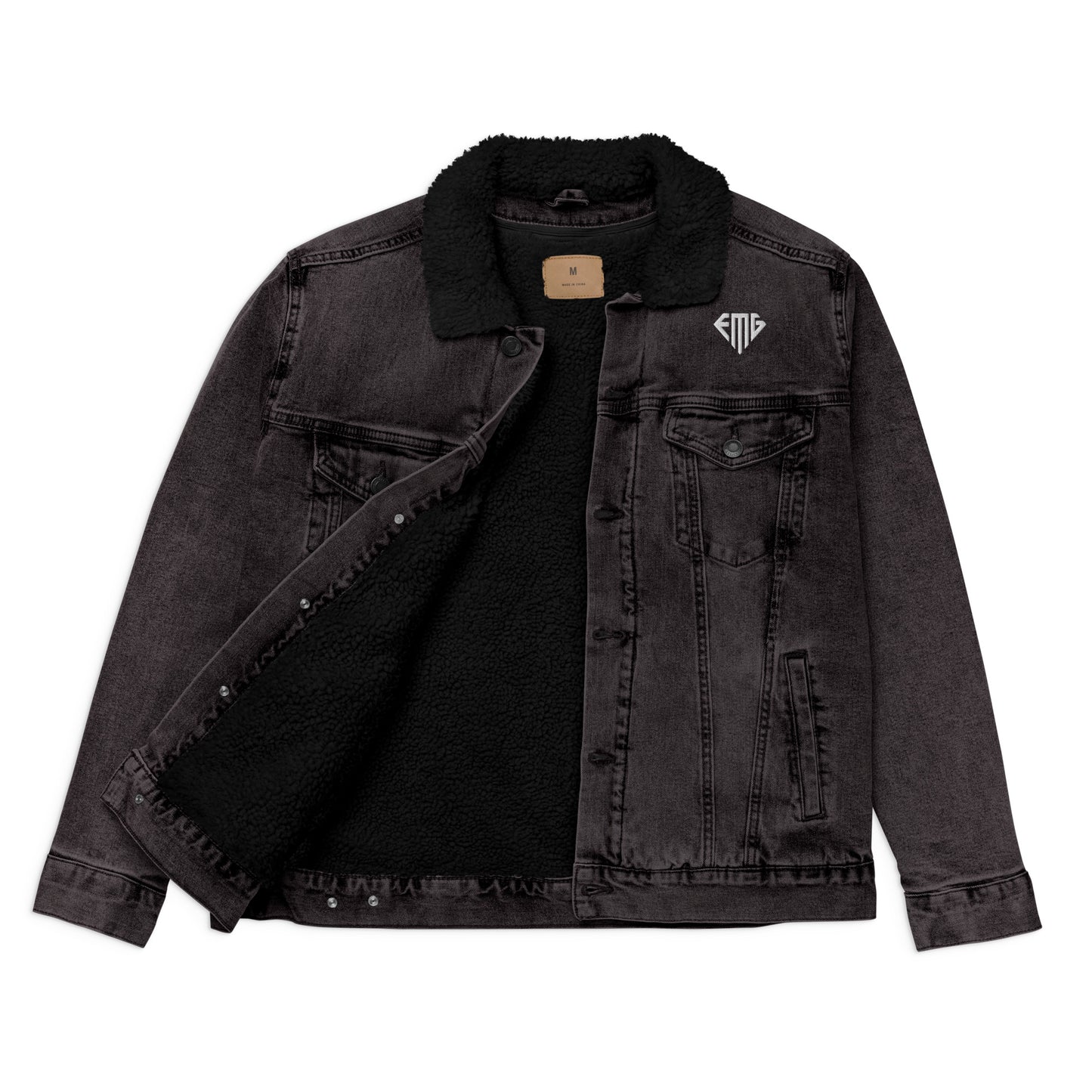 PREMIUM Black & White <EMG> Logo Denim Sherpa Jacket
