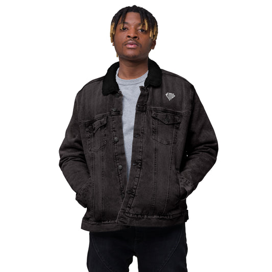 PREMIUM Black & White <EMG> Logo Denim Sherpa Jacket