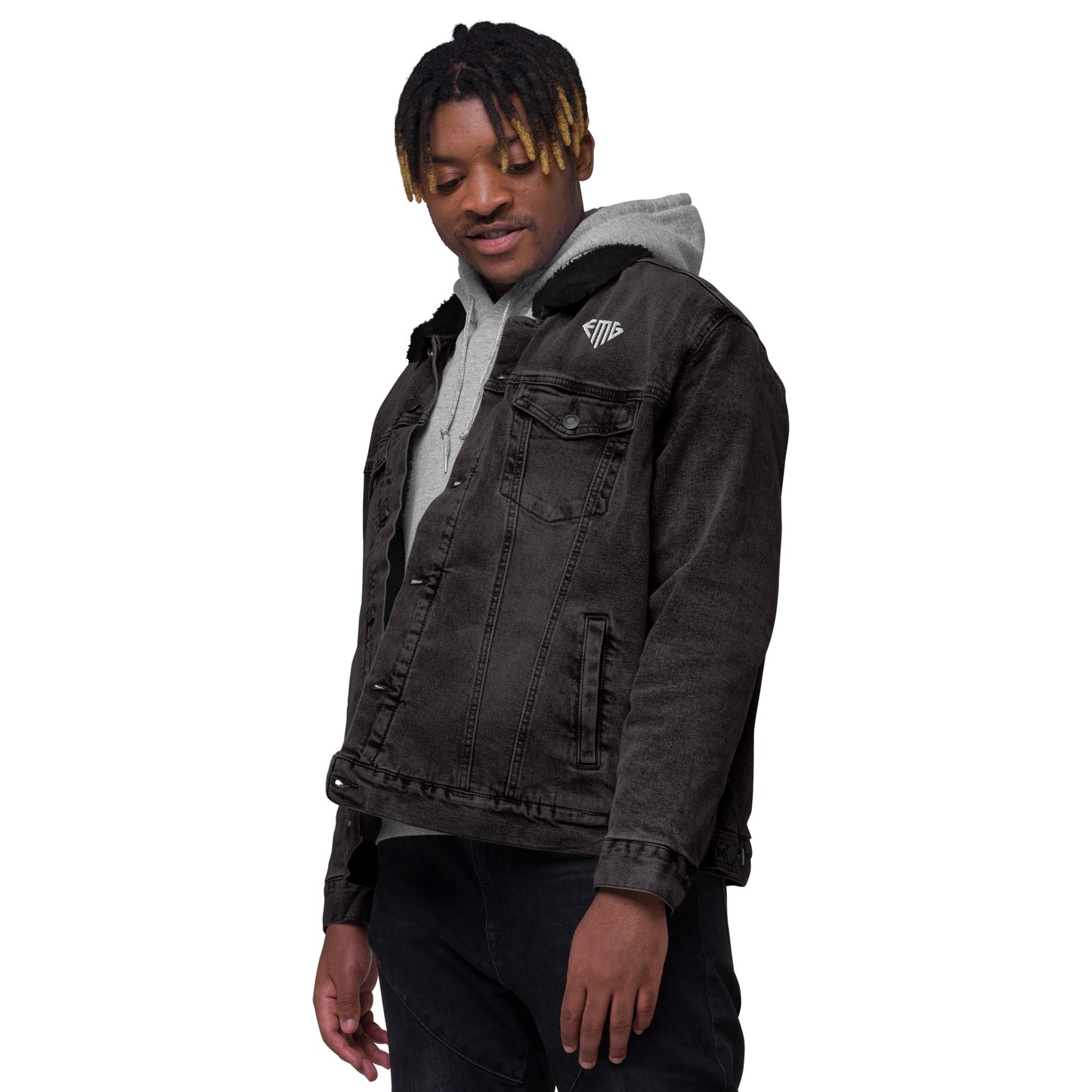 PREMIUM Black & White <EMG> Logo Denim Sherpa Jacket