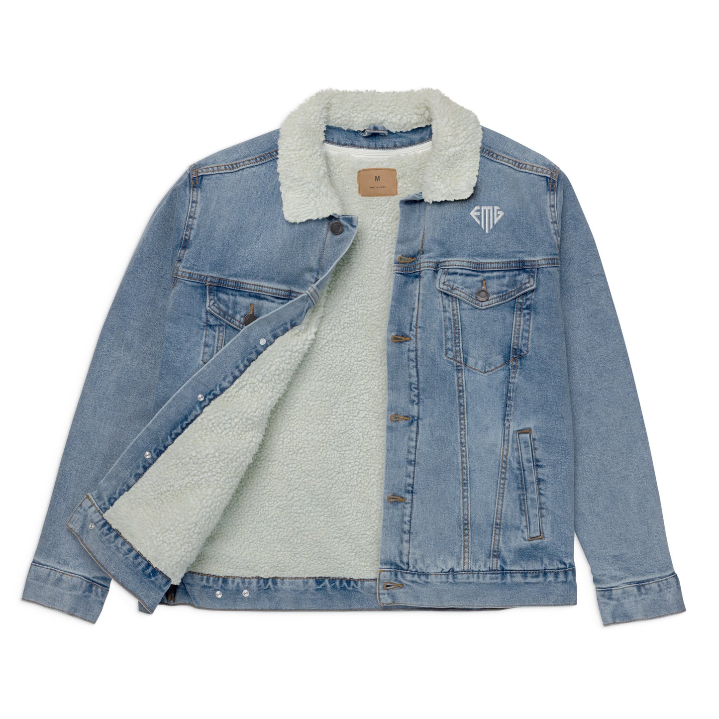 PREMIUM Black & White <EMG> Logo Denim Sherpa Jacket