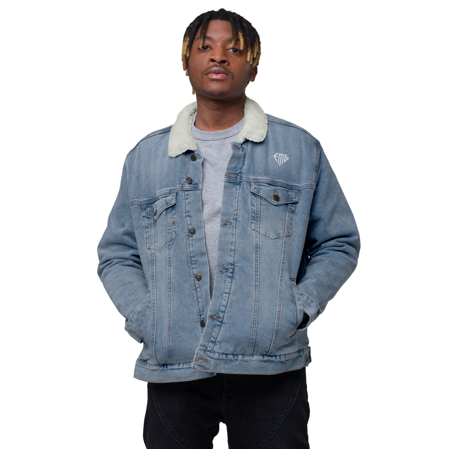 PREMIUM Black & White <EMG> Logo Denim Sherpa Jacket