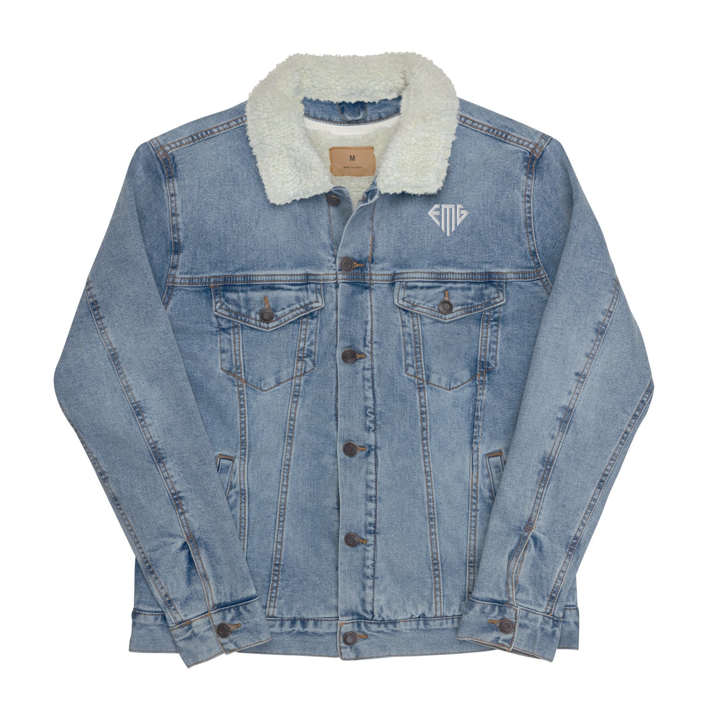 PREMIUM Black & White <EMG> Logo Denim Sherpa Jacket